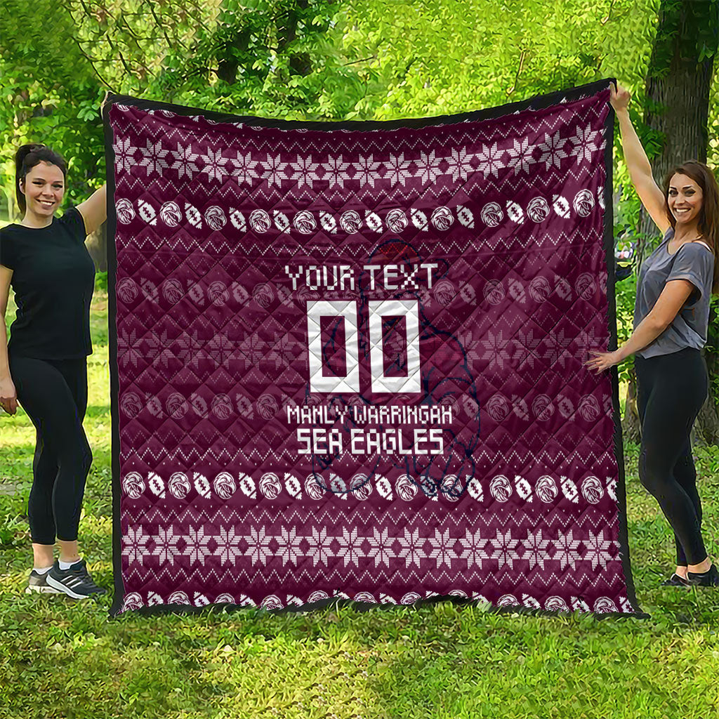 Personalized Sea Eagles Christmas Quilt Australian Rugby Fans - Pixelated Ugly Xmas Pattern Mascot Santa