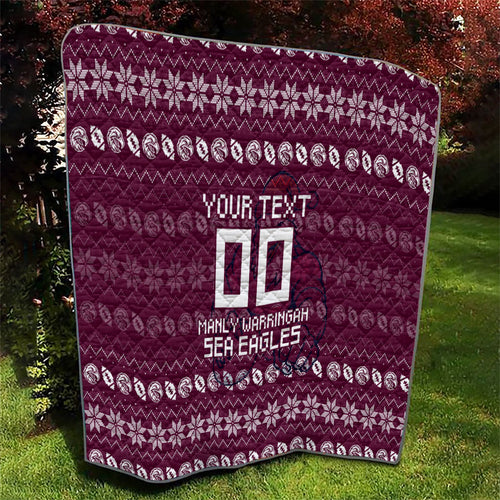 Personalized Sea Eagles Christmas Quilt Australian Rugby Fans - Pixelated Ugly Xmas Pattern Mascot Santa