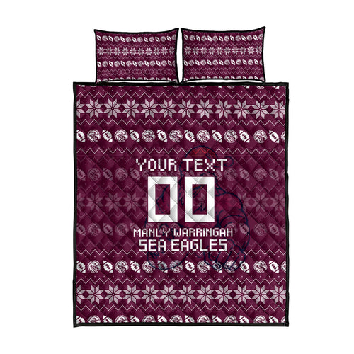 Personalized Sea Eagles Christmas Quilt Bed Set Australian Rugby Fans - Pixelated Ugly Xmas Pattern Mascot Santa