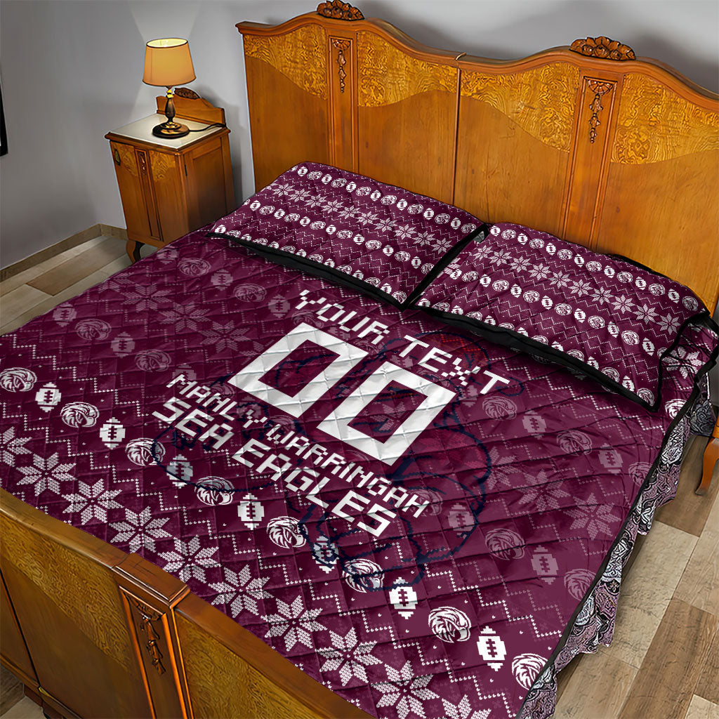 Personalized Sea Eagles Christmas Quilt Bed Set Australian Rugby Fans - Pixelated Ugly Xmas Pattern Mascot Santa