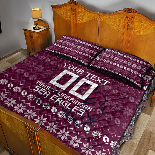 Personalized Sea Eagles Christmas Quilt Bed Set Australian Rugby Fans - Pixelated Ugly Xmas Pattern Mascot Santa
