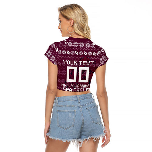 Personalized Sea Eagles Christmas Raglan Cropped T Shirt Australian Rugby Fans - Pixelated Ugly Xmas Pattern Mascot Santa