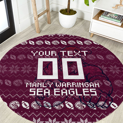 Personalized Sea Eagles Christmas Round Carpet Australian Rugby Fans - Pixelated Ugly Xmas Pattern Mascot Santa