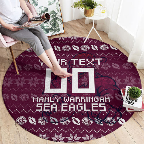 Personalized Sea Eagles Christmas Round Carpet Australian Rugby Fans - Pixelated Ugly Xmas Pattern Mascot Santa