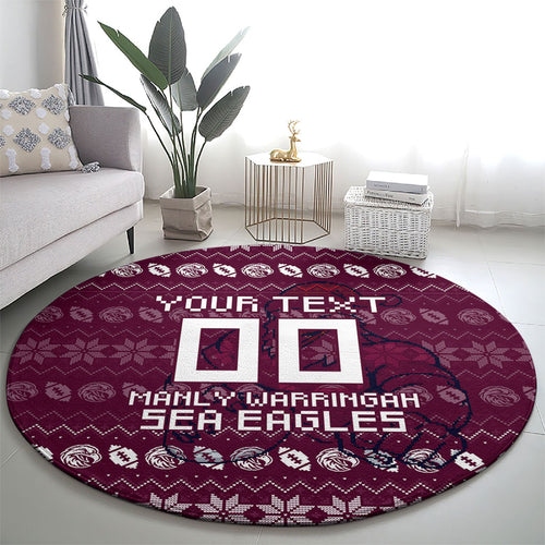 Personalized Sea Eagles Christmas Round Carpet Australian Rugby Fans - Pixelated Ugly Xmas Pattern Mascot Santa