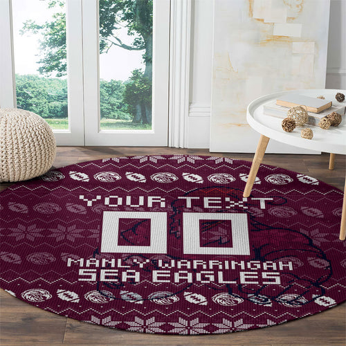 Personalized Sea Eagles Christmas Round Carpet Australian Rugby Fans - Pixelated Ugly Xmas Pattern Mascot Santa