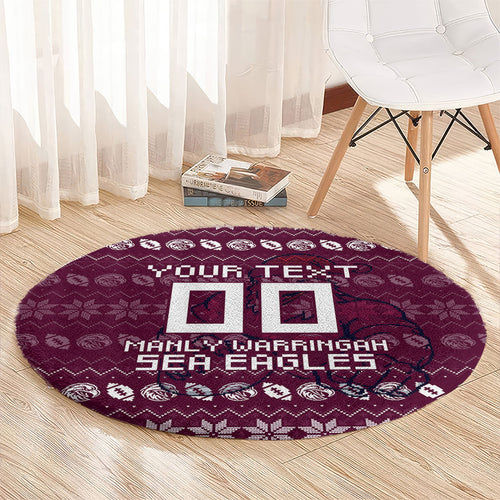 Personalized Sea Eagles Christmas Round Carpet Australian Rugby Fans - Pixelated Ugly Xmas Pattern Mascot Santa