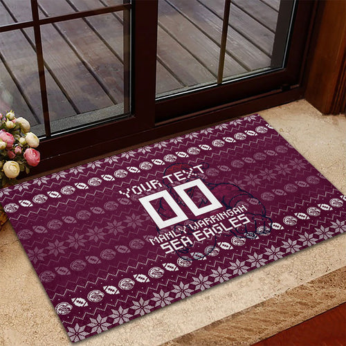 Personalized Sea Eagles Christmas Rubber Doormat Australian Rugby Fans - Pixelated Ugly Xmas Pattern Mascot Santa