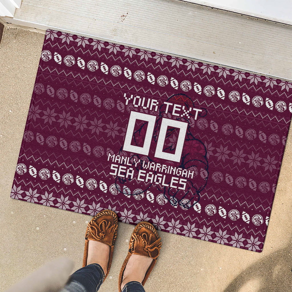 Personalized Sea Eagles Christmas Rubber Doormat Australian Rugby Fans - Pixelated Ugly Xmas Pattern Mascot Santa
