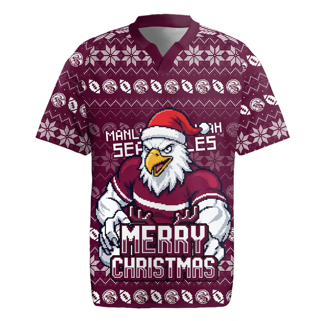 Personalized Sea Eagles Christmas Rugby Jersey Australian Rugby Fans - Pixelated Ugly Xmas Pattern Mascot Santa