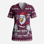 Personalized Sea Eagles Christmas Scrub Top Australian Rugby Fans - Pixelated Ugly Xmas Pattern Mascot Santa