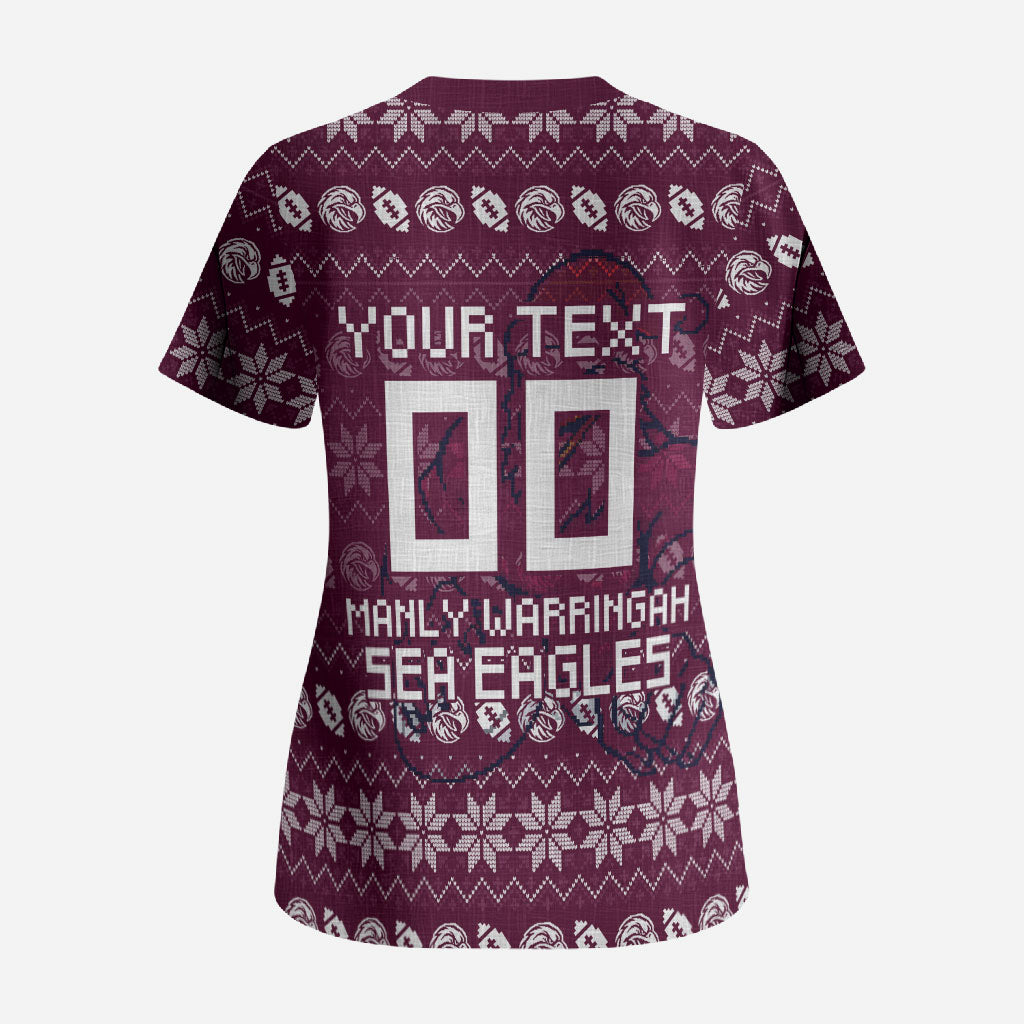 Personalized Sea Eagles Christmas Scrub Top Australian Rugby Fans - Pixelated Ugly Xmas Pattern Mascot Santa