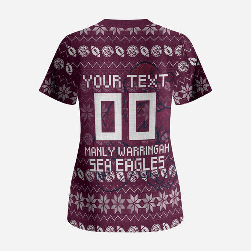 Personalized Sea Eagles Christmas Scrub Top Australian Rugby Fans - Pixelated Ugly Xmas Pattern Mascot Santa