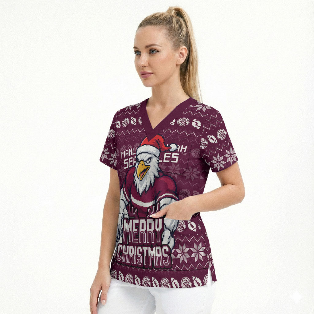 Personalized Sea Eagles Christmas Scrub Top Australian Rugby Fans - Pixelated Ugly Xmas Pattern Mascot Santa