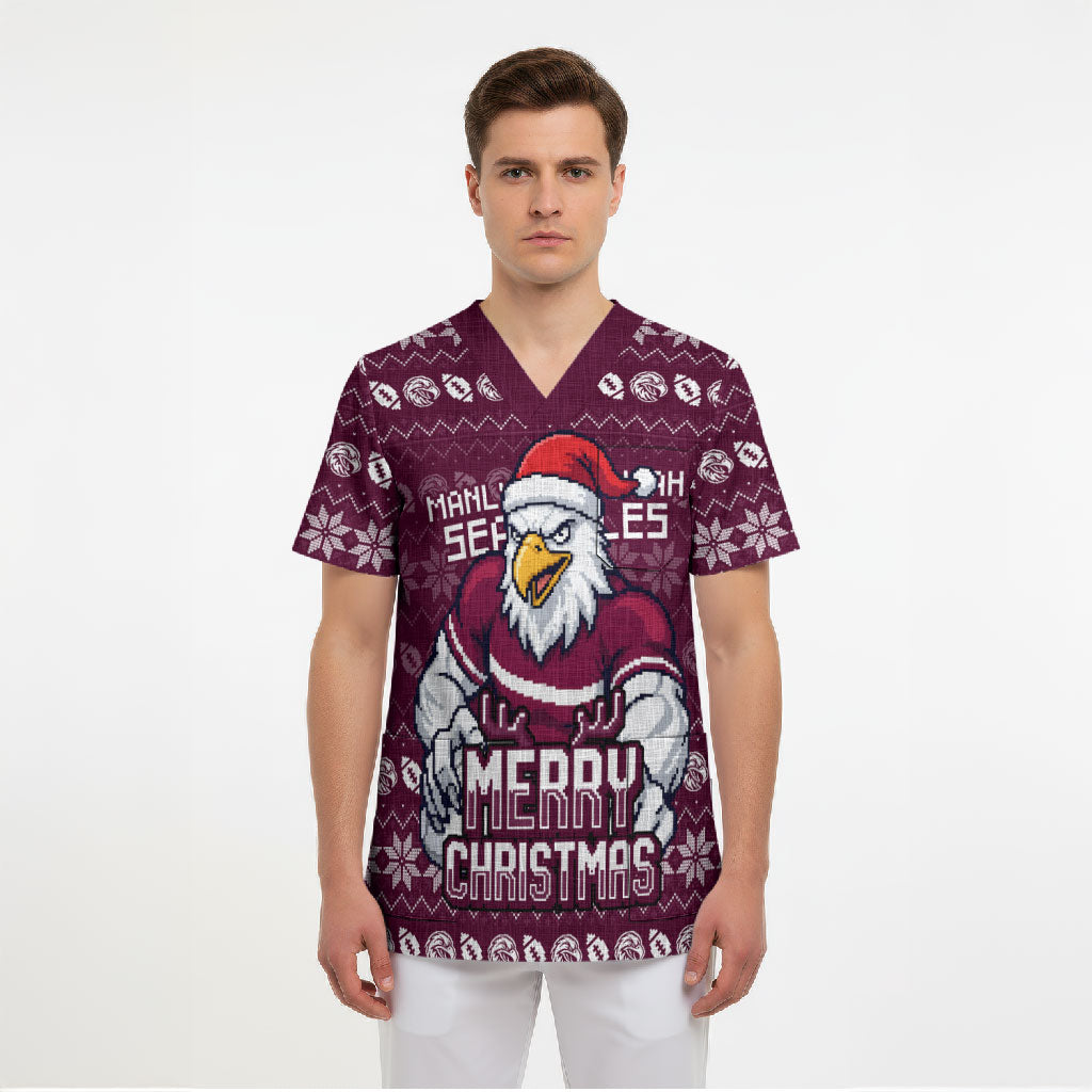 Personalized Sea Eagles Christmas Scrub Top Australian Rugby Fans - Pixelated Ugly Xmas Pattern Mascot Santa