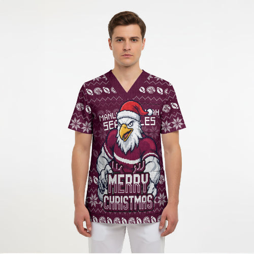 Personalized Sea Eagles Christmas Scrub Top Australian Rugby Fans - Pixelated Ugly Xmas Pattern Mascot Santa