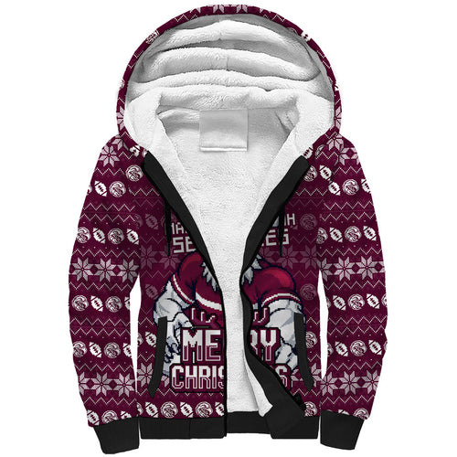 Personalized Sea Eagles Christmas Sherpa Hoodie Australian Rugby Fans - Pixelated Ugly Xmas Pattern Mascot Santa