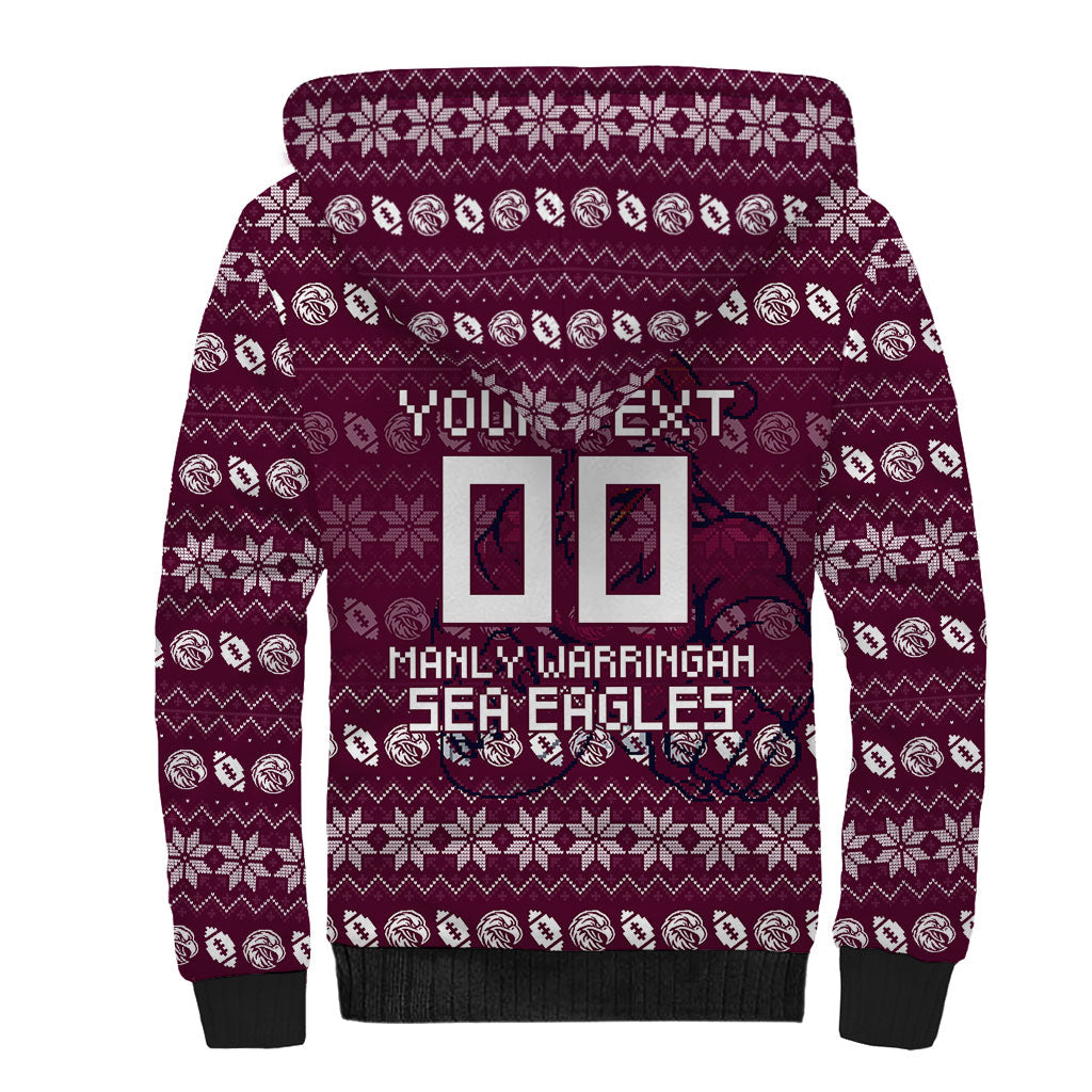 Personalized Sea Eagles Christmas Sherpa Hoodie Australian Rugby Fans - Pixelated Ugly Xmas Pattern Mascot Santa