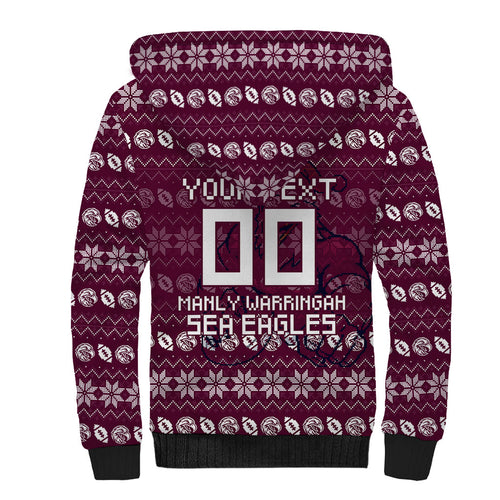 Personalized Sea Eagles Christmas Sherpa Hoodie Australian Rugby Fans - Pixelated Ugly Xmas Pattern Mascot Santa