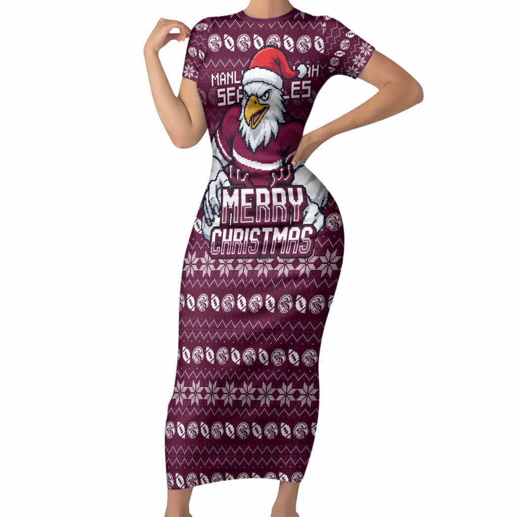 Personalized Sea Eagles Christmas Short Sleeve Bodycon Dress Australian Rugby Fans - Pixelated Ugly Xmas Pattern Mascot Santa