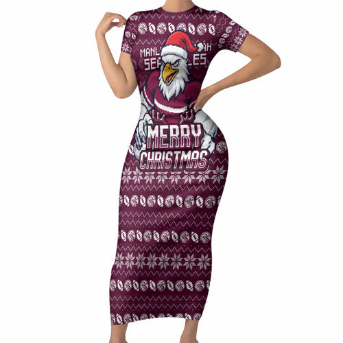 Personalized Sea Eagles Christmas Short Sleeve Bodycon Dress Australian Rugby Fans - Pixelated Ugly Xmas Pattern Mascot Santa