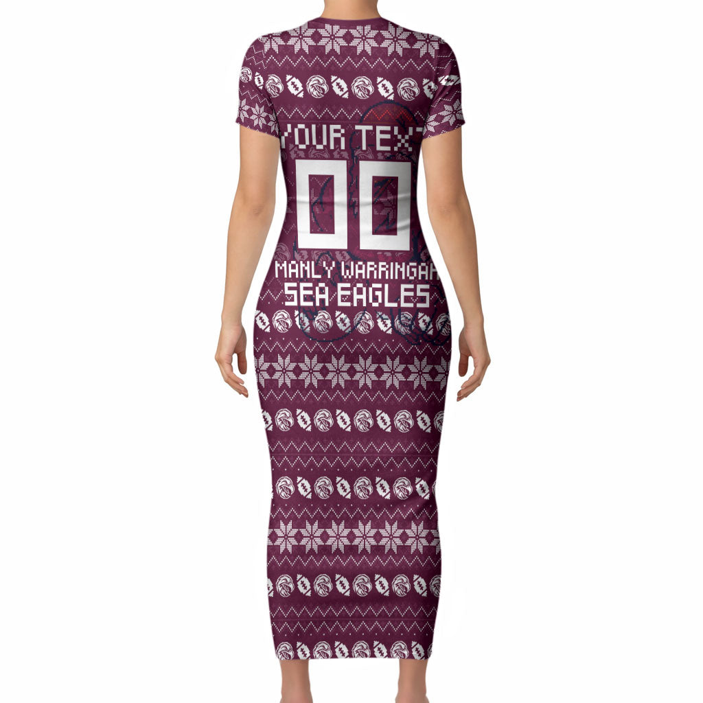 Personalized Sea Eagles Christmas Short Sleeve Bodycon Dress Australian Rugby Fans - Pixelated Ugly Xmas Pattern Mascot Santa