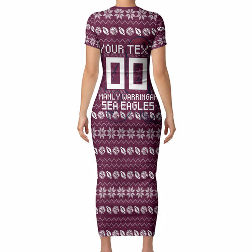 Personalized Sea Eagles Christmas Short Sleeve Bodycon Dress Australian Rugby Fans - Pixelated Ugly Xmas Pattern Mascot Santa