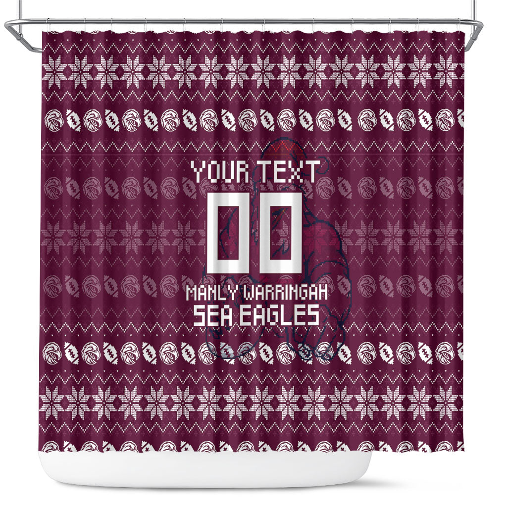 Personalized Sea Eagles Christmas Shower Curtain Australian Rugby Fans - Pixelated Ugly Xmas Pattern Mascot Santa