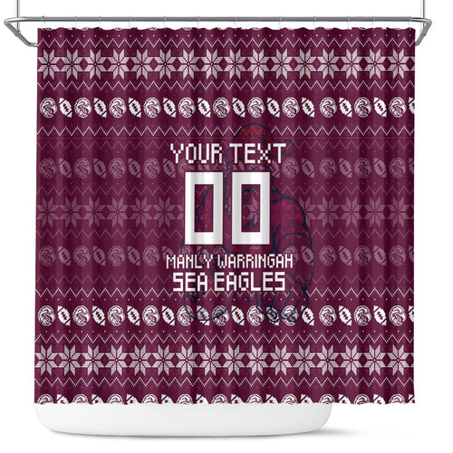 Personalized Sea Eagles Christmas Shower Curtain Australian Rugby Fans - Pixelated Ugly Xmas Pattern Mascot Santa