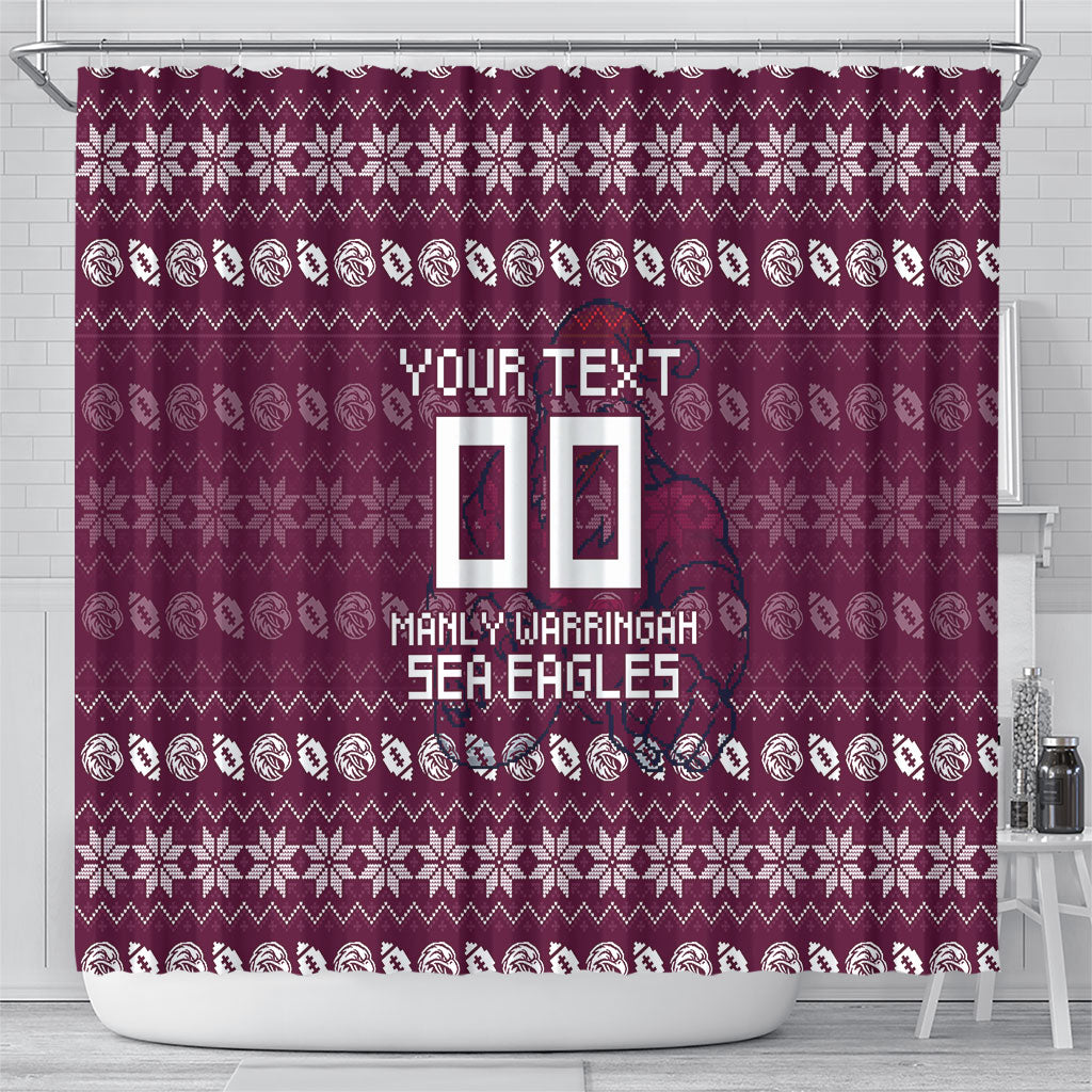 Personalized Sea Eagles Christmas Shower Curtain Australian Rugby Fans - Pixelated Ugly Xmas Pattern Mascot Santa