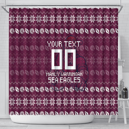Personalized Sea Eagles Christmas Shower Curtain Australian Rugby Fans - Pixelated Ugly Xmas Pattern Mascot Santa