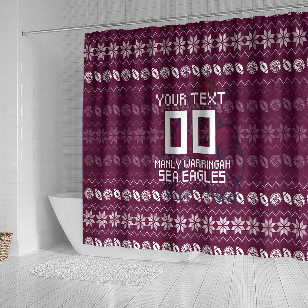 Personalized Sea Eagles Christmas Shower Curtain Australian Rugby Fans - Pixelated Ugly Xmas Pattern Mascot Santa