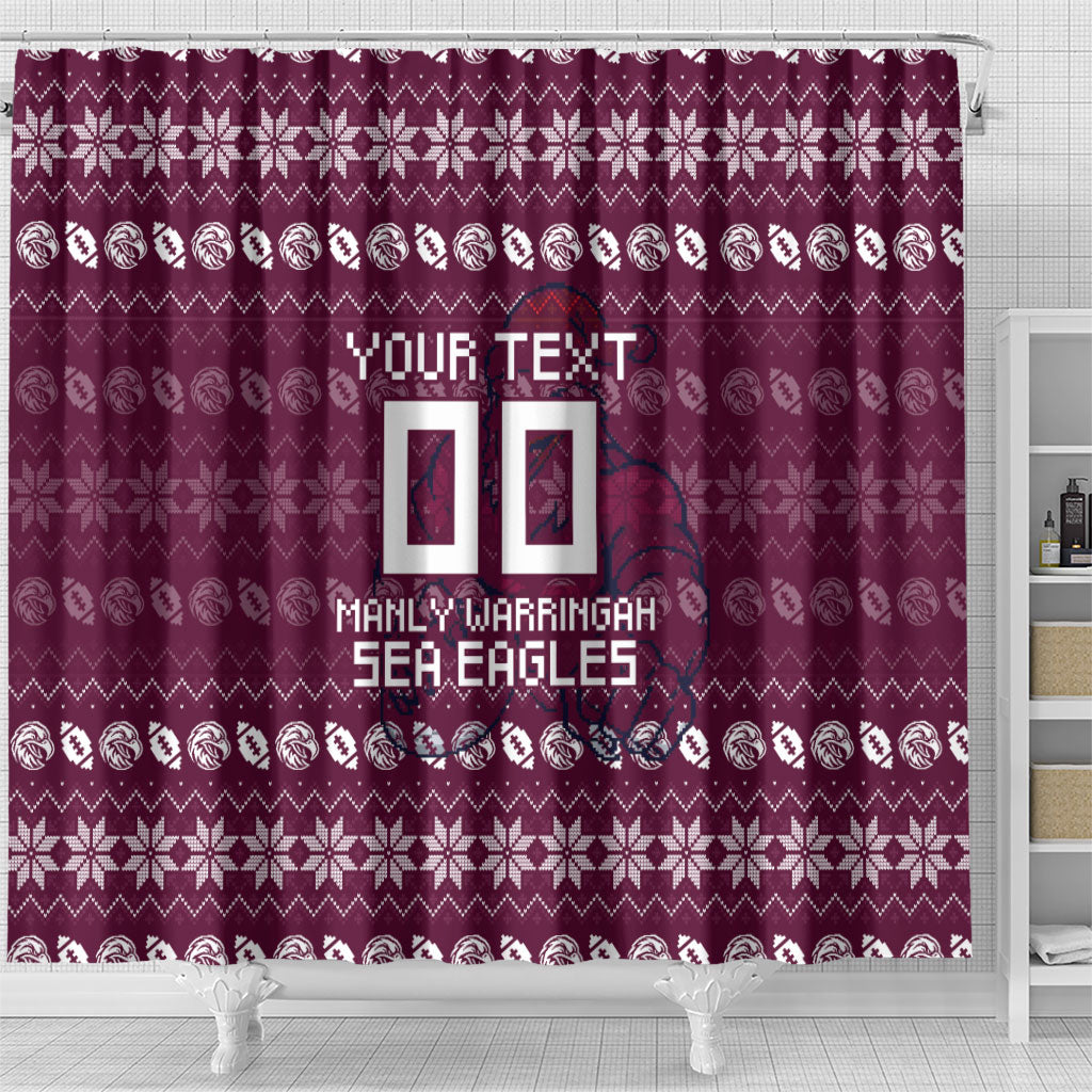 Personalized Sea Eagles Christmas Shower Curtain Australian Rugby Fans - Pixelated Ugly Xmas Pattern Mascot Santa
