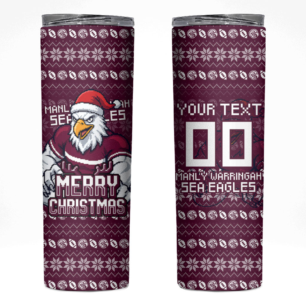 Personalized Sea Eagles Christmas Skinny Tumbler Australian Rugby Fans - Pixelated Ugly Xmas Pattern Mascot Santa