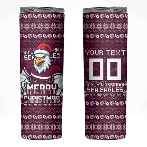 Personalized Sea Eagles Christmas Skinny Tumbler Australian Rugby Fans - Pixelated Ugly Xmas Pattern Mascot Santa