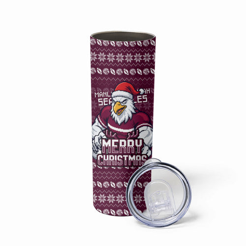 Personalized Sea Eagles Christmas Skinny Tumbler Australian Rugby Fans - Pixelated Ugly Xmas Pattern Mascot Santa