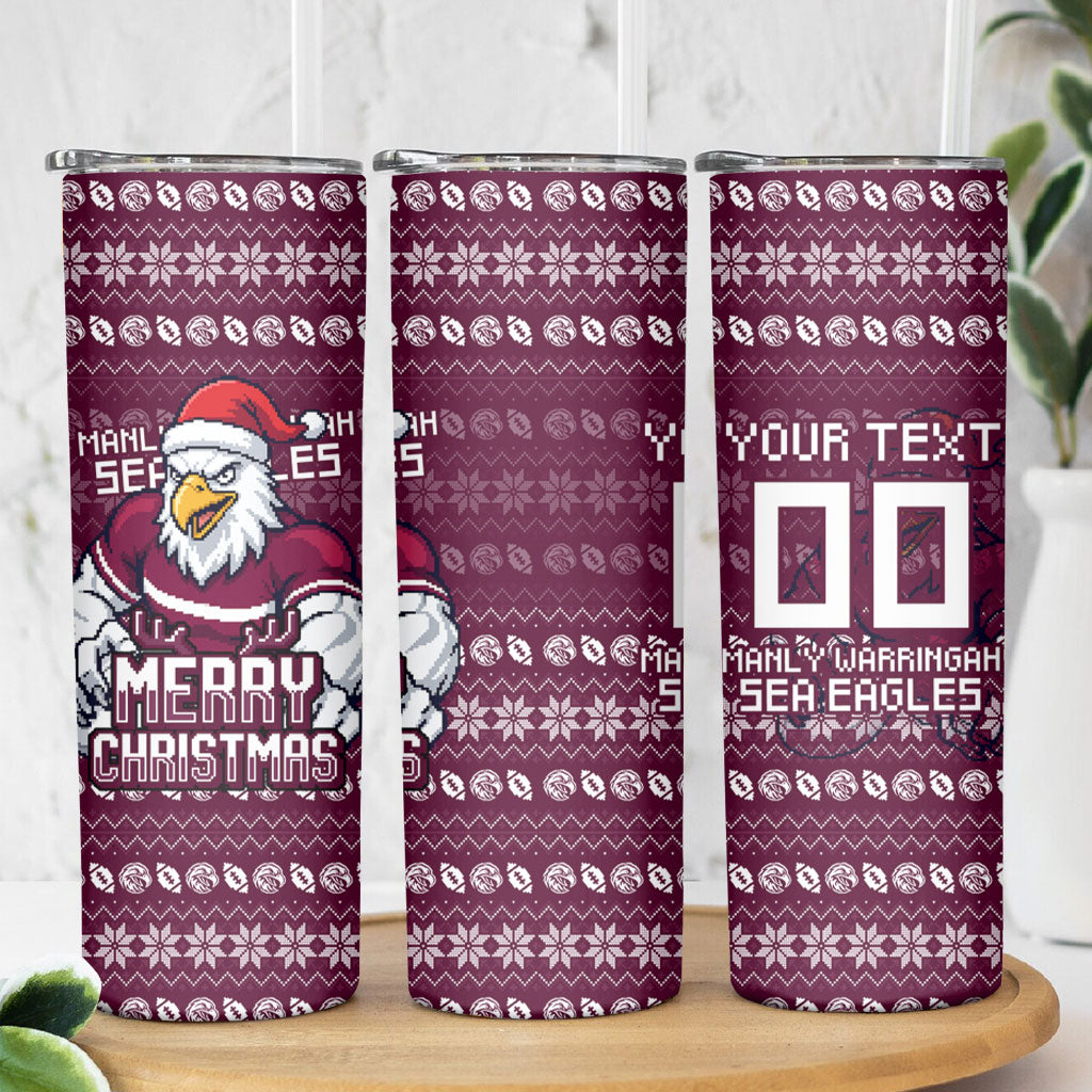Personalized Sea Eagles Christmas Skinny Tumbler Australian Rugby Fans - Pixelated Ugly Xmas Pattern Mascot Santa