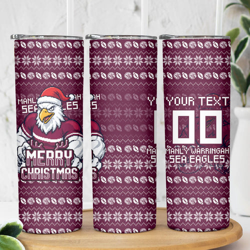 Personalized Sea Eagles Christmas Skinny Tumbler Australian Rugby Fans - Pixelated Ugly Xmas Pattern Mascot Santa