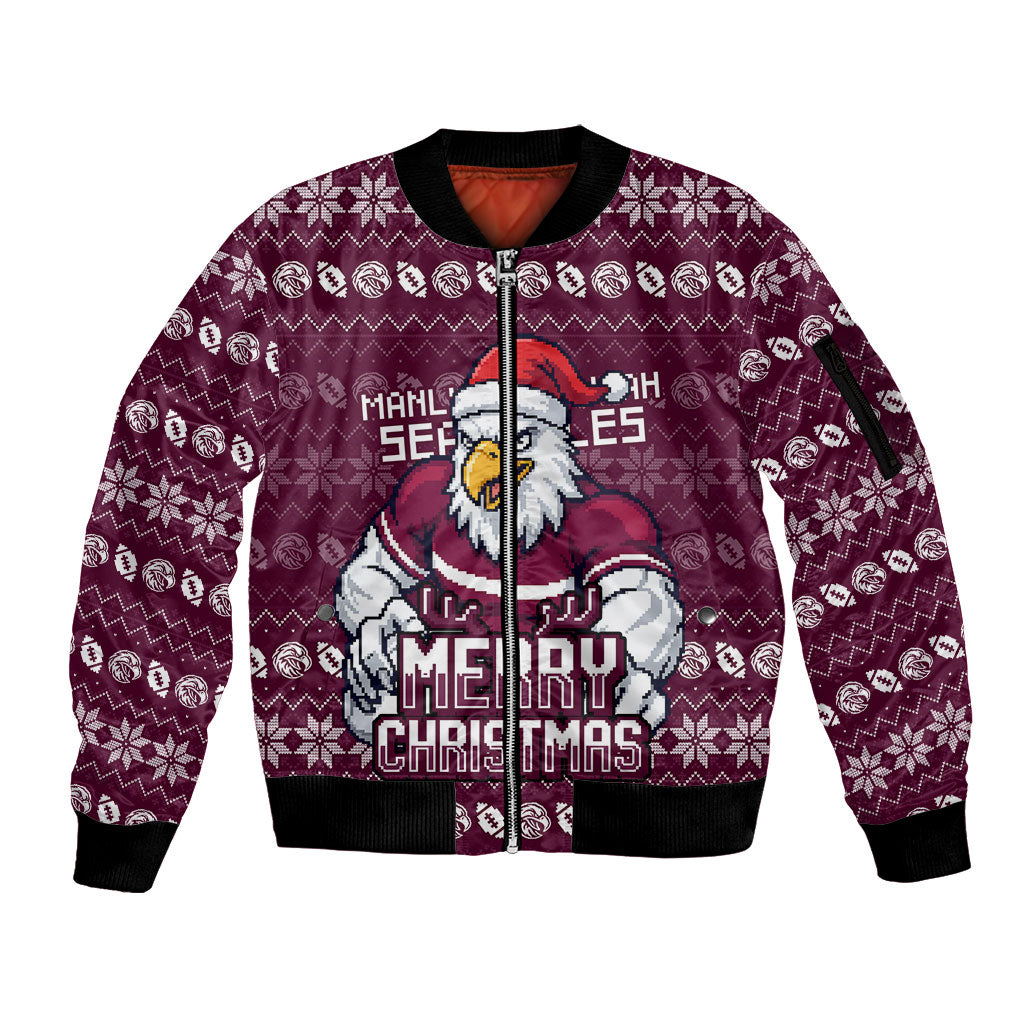 Personalized Sea Eagles Christmas Sleeve Zip Bomber Jacket Australian Rugby Fans - Pixelated Ugly Xmas Pattern Mascot Santa