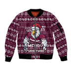 Personalized Sea Eagles Christmas Sleeve Zip Bomber Jacket Australian Rugby Fans - Pixelated Ugly Xmas Pattern Mascot Santa