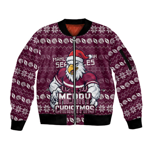 Personalized Sea Eagles Christmas Sleeve Zip Bomber Jacket Australian Rugby Fans - Pixelated Ugly Xmas Pattern Mascot Santa