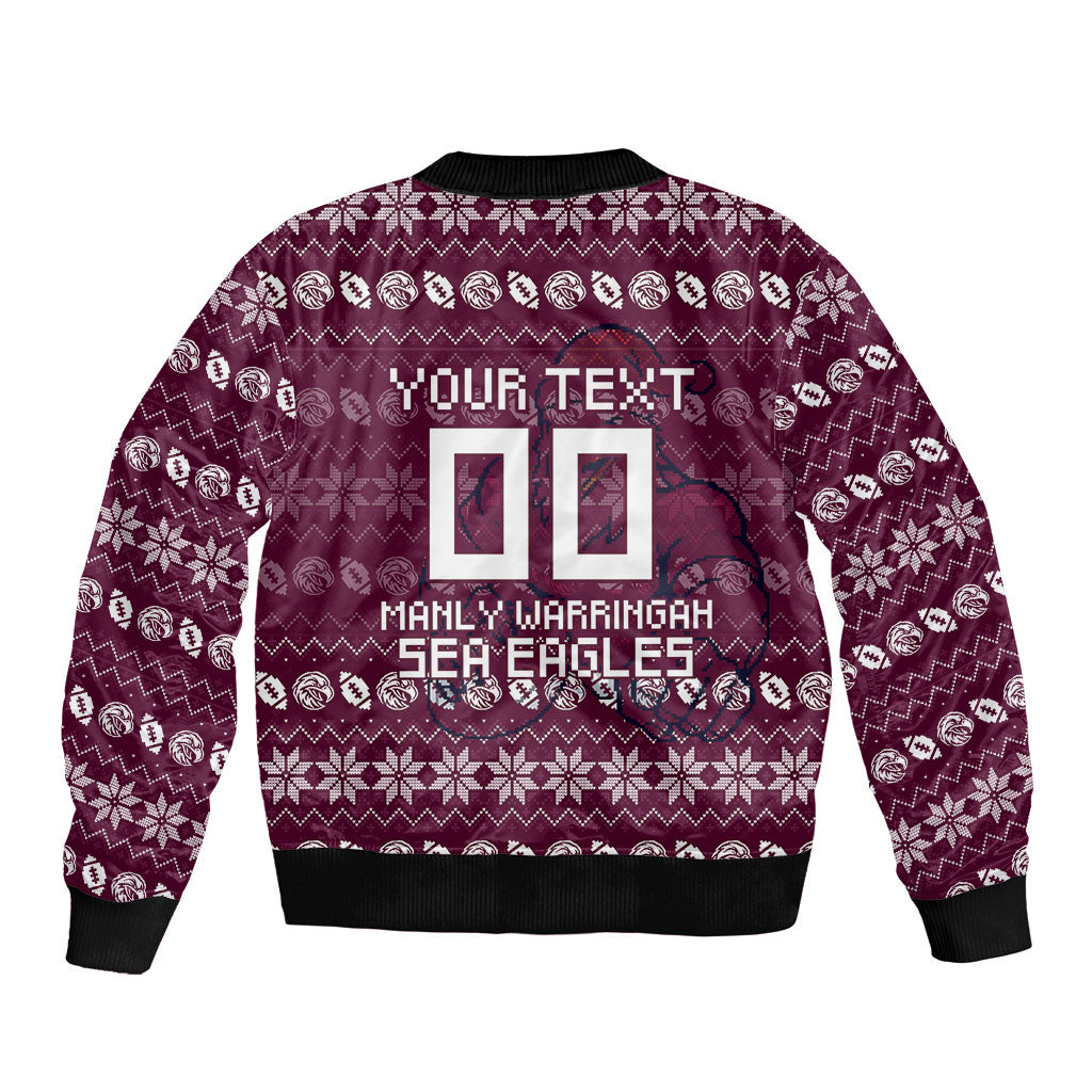 Personalized Sea Eagles Christmas Sleeve Zip Bomber Jacket Australian Rugby Fans - Pixelated Ugly Xmas Pattern Mascot Santa