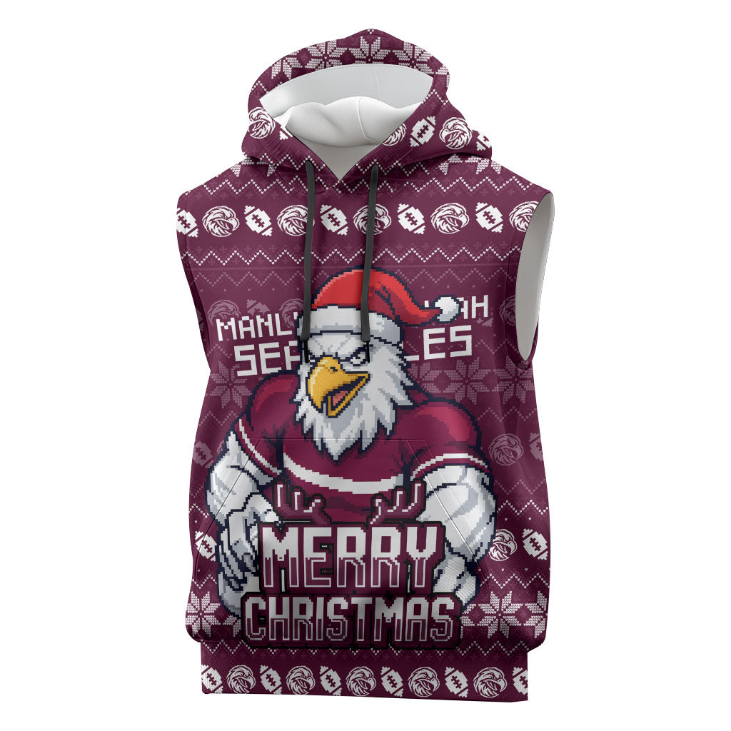 Personalized Sea Eagles Christmas Sleeveless Hoodie Australian Rugby Fans - Pixelated Ugly Xmas Pattern Mascot Santa