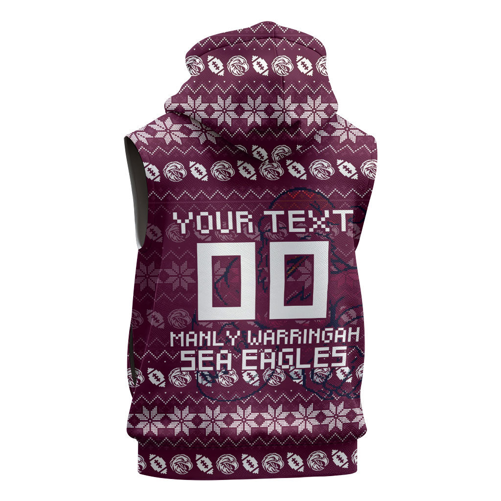 Personalized Sea Eagles Christmas Sleeveless Hoodie Australian Rugby Fans - Pixelated Ugly Xmas Pattern Mascot Santa