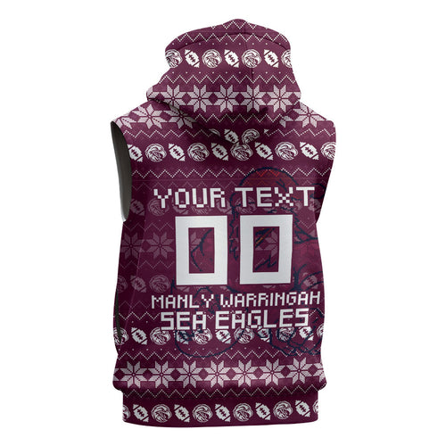 Personalized Sea Eagles Christmas Sleeveless Hoodie Australian Rugby Fans - Pixelated Ugly Xmas Pattern Mascot Santa