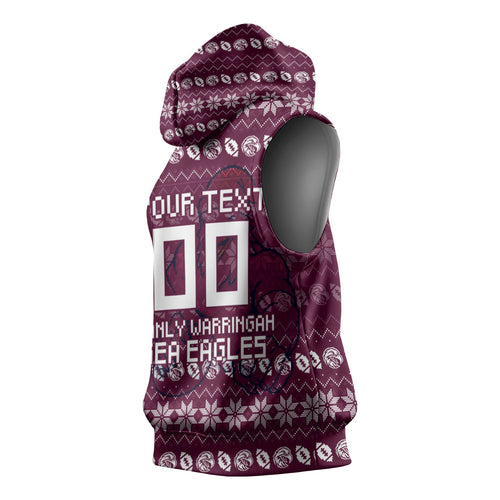 Personalized Sea Eagles Christmas Sleeveless Hoodie Australian Rugby Fans - Pixelated Ugly Xmas Pattern Mascot Santa