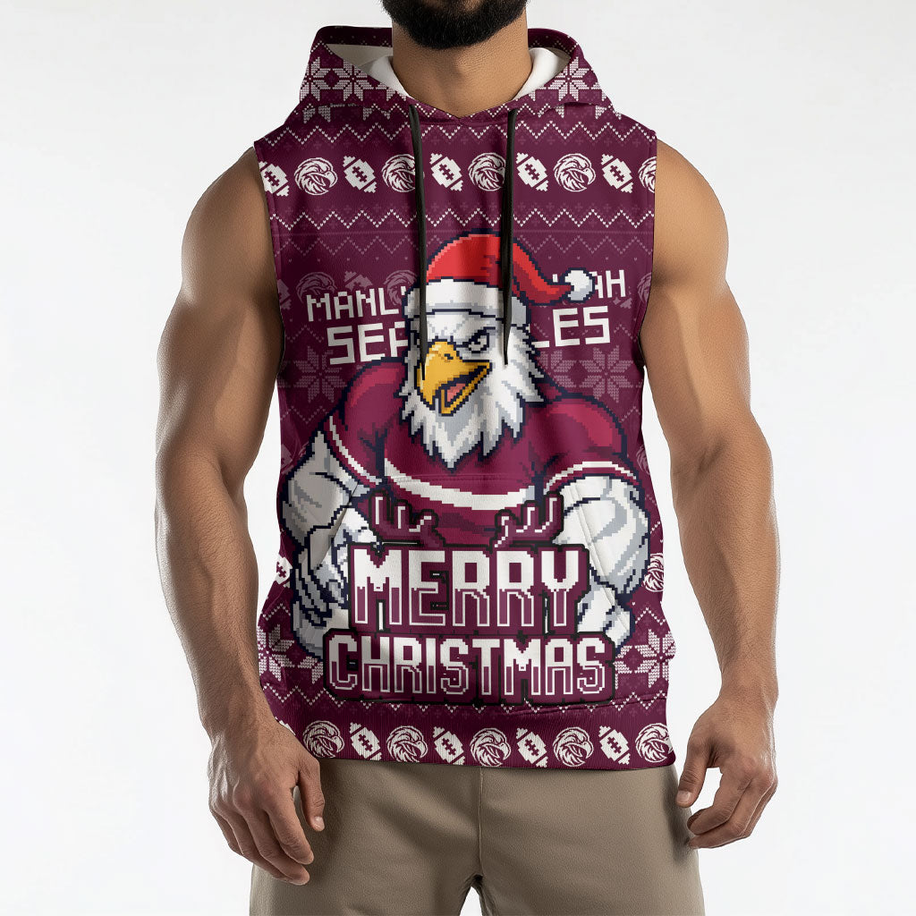 Personalized Sea Eagles Christmas Sleeveless Hoodie Australian Rugby Fans - Pixelated Ugly Xmas Pattern Mascot Santa