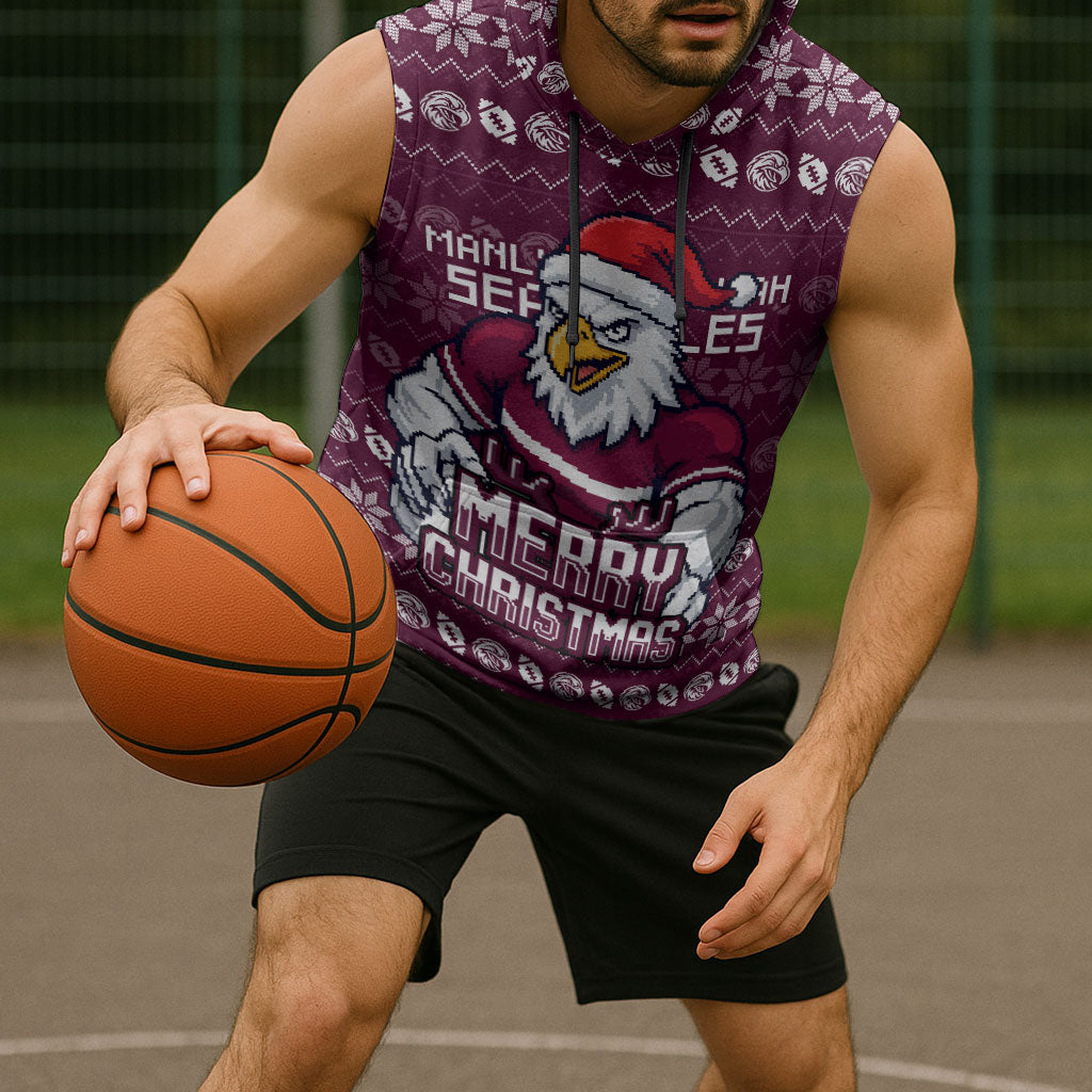 Personalized Sea Eagles Christmas Sleeveless Hoodie Australian Rugby Fans - Pixelated Ugly Xmas Pattern Mascot Santa