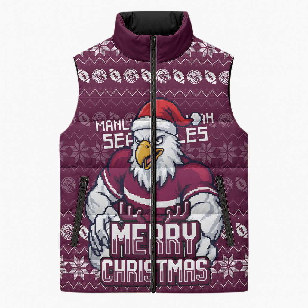 Personalized Sea Eagles Christmas Sleeveless Puffer Jacket Australian Rugby Fans - Pixelated Ugly Xmas Pattern Mascot Santa