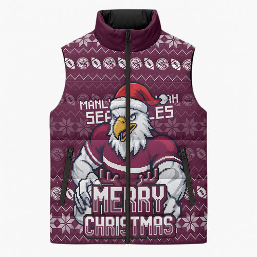 Personalized Sea Eagles Christmas Sleeveless Puffer Jacket Australian Rugby Fans - Pixelated Ugly Xmas Pattern Mascot Santa